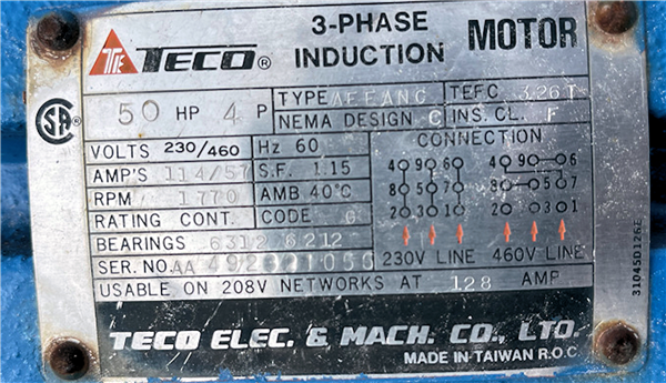 Teco 50 Hp Motor, 1770 Rpm, 3 Ph, 60 Hz.)